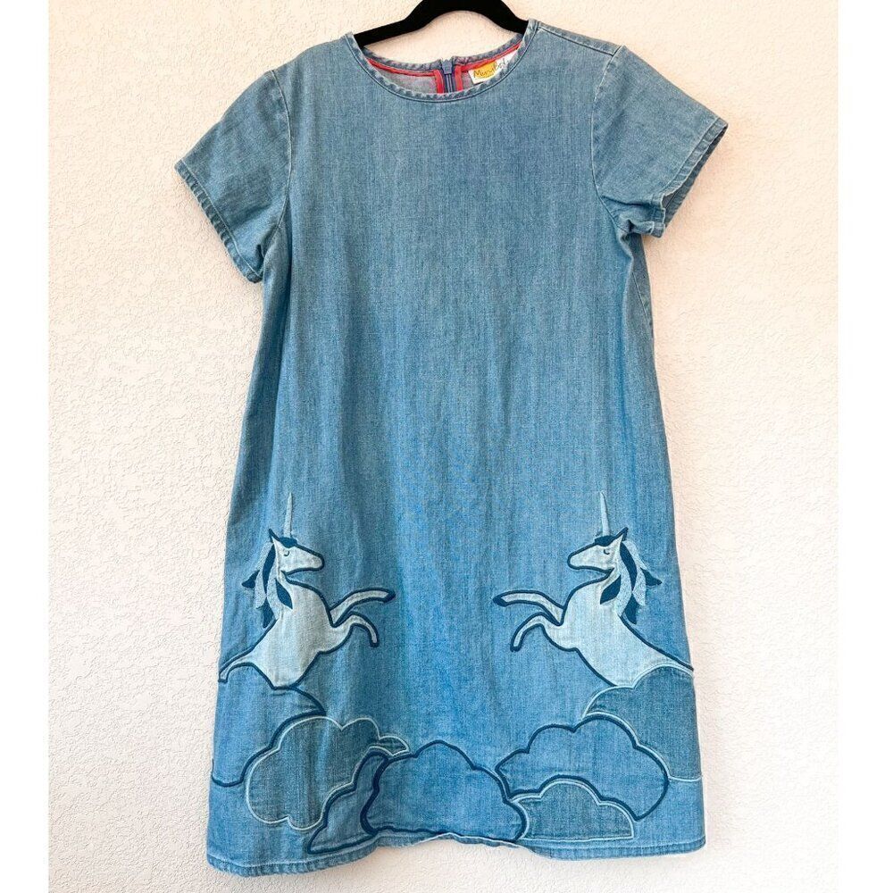 Mini Boden Chambray Unicorn Applique Dress Size 11-12Y